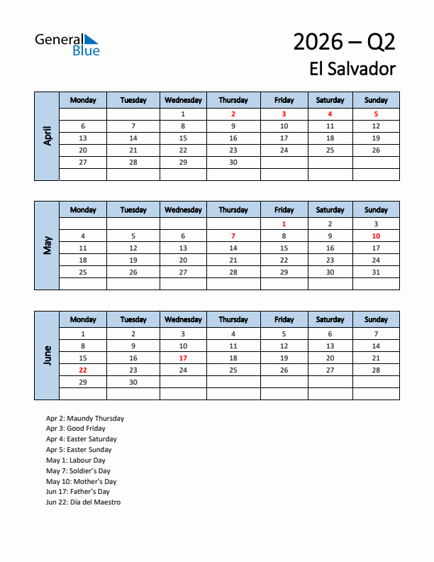 Free Q2 2026 Calendar for El Salvador - Monday Start