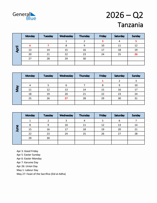 Free Q2 2026 Calendar for Tanzania - Monday Start