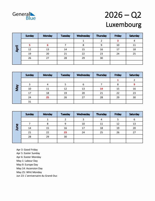 Free Q2 2026 Calendar for Luxembourg - Sunday Start