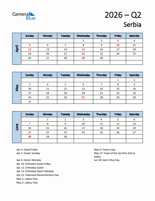 Free Q2 2026 Calendar for Serbia - Sunday Start