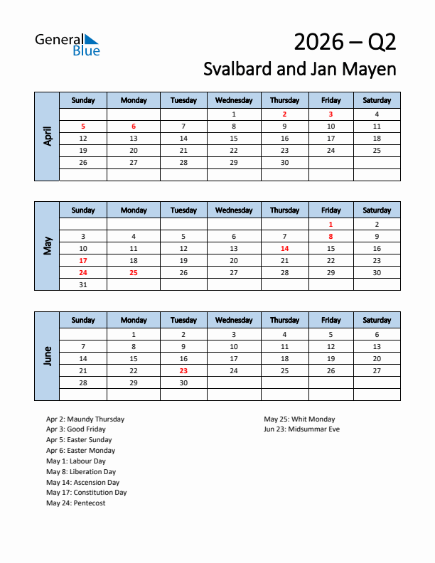 Free Q2 2026 Calendar for Svalbard and Jan Mayen - Sunday Start