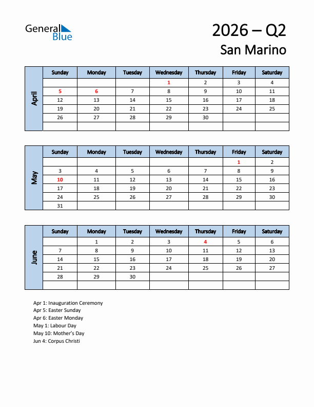 Free Q2 2026 Calendar for San Marino - Sunday Start