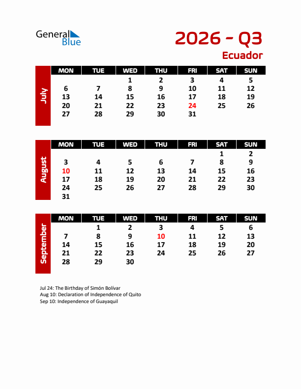 Q3 2026 Calendar with Holidays