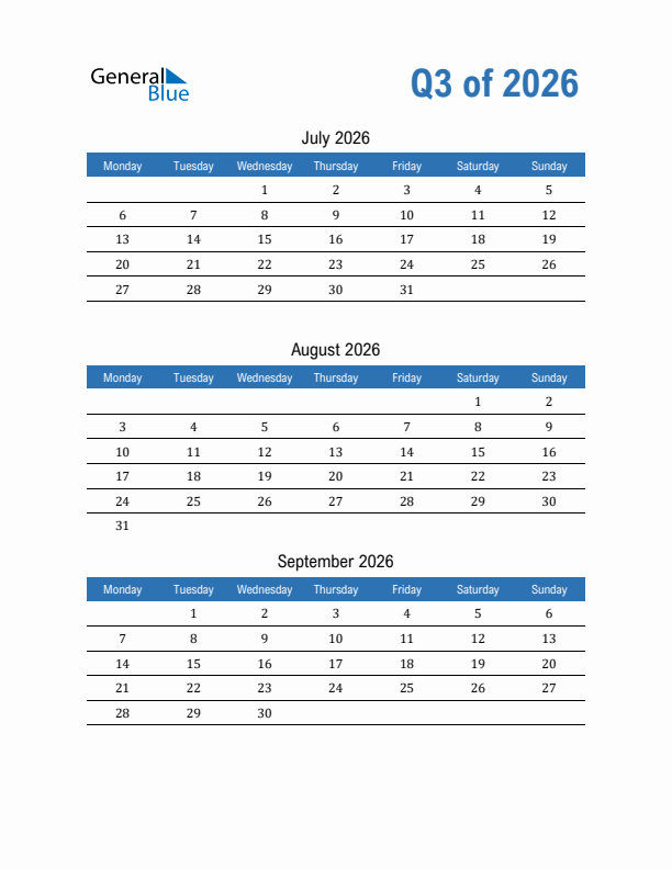 Fillable Quarterly Calendar for Q3 2026