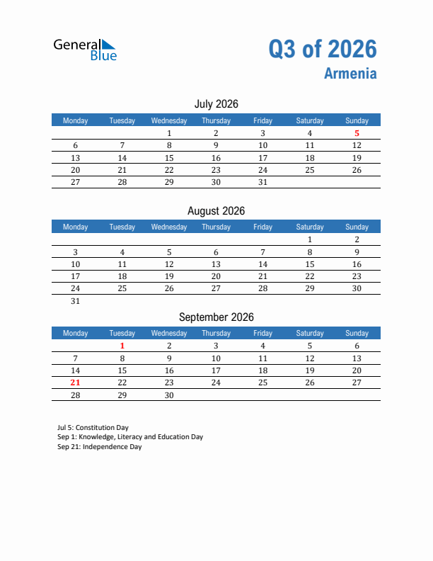 Armenia 2026 Quarterly Calendar with Monday Start