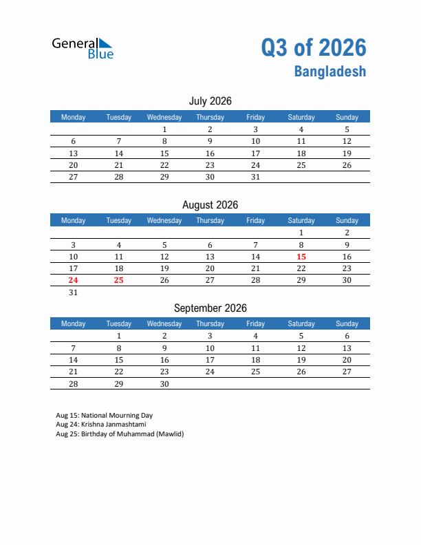Bangladesh 2026 Quarterly Calendar with Monday Start