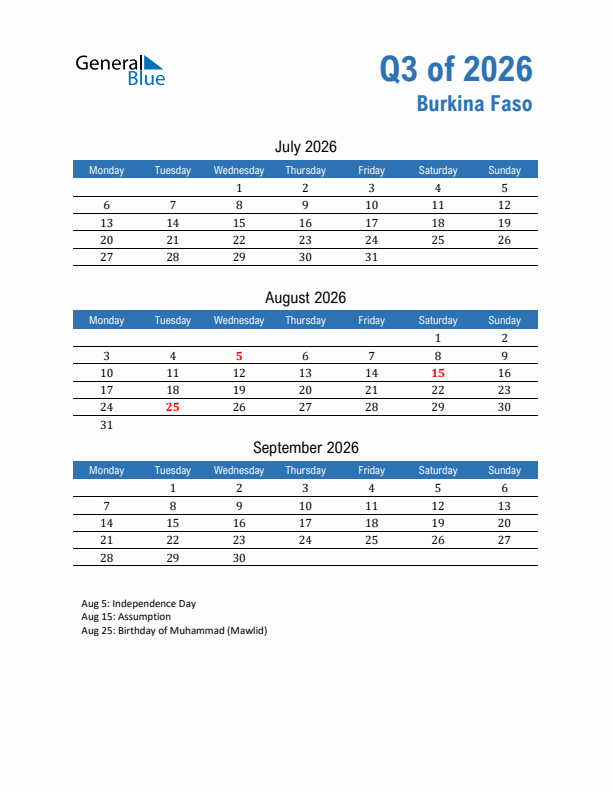 Burkina Faso 2026 Quarterly Calendar with Monday Start