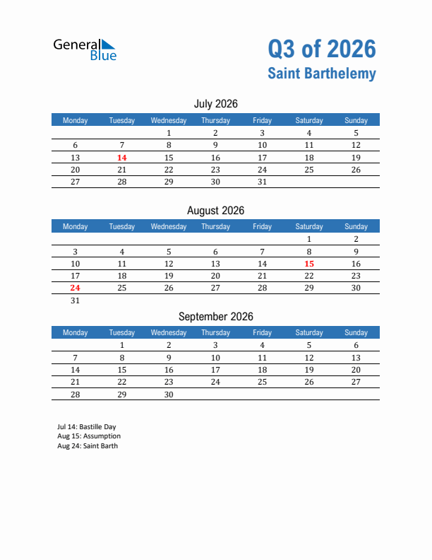 Saint Barthelemy 2026 Quarterly Calendar with Monday Start