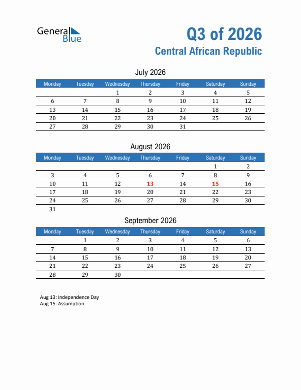 Central African Republic 2026 Quarterly Calendar with Monday Start