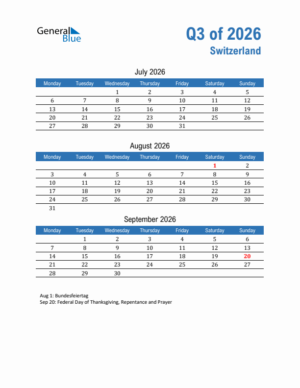 Switzerland 2026 Quarterly Calendar with Monday Start