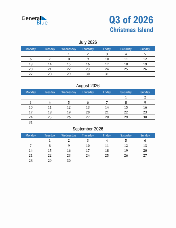 Christmas Island 2026 Quarterly Calendar with Monday Start