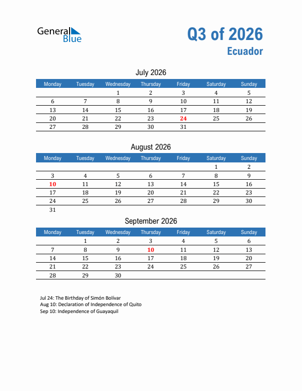 Ecuador 2026 Quarterly Calendar with Monday Start