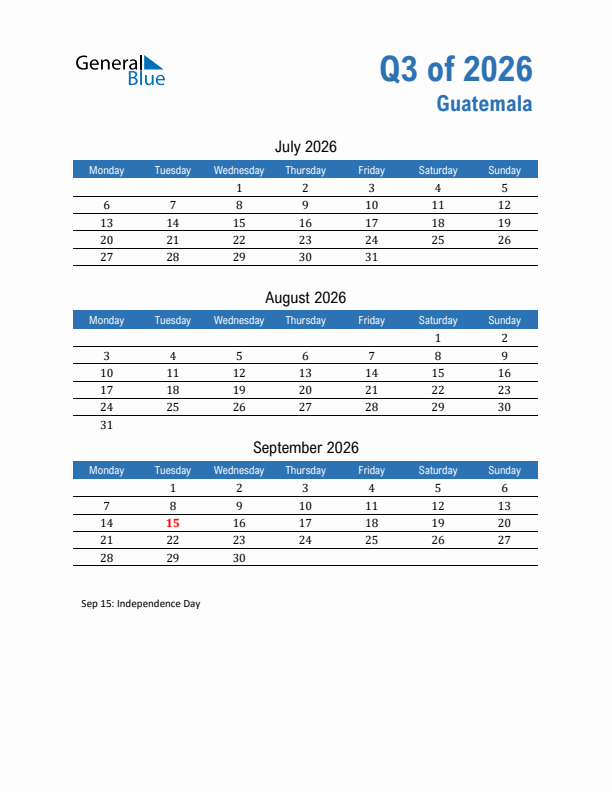 Guatemala 2026 Quarterly Calendar with Monday Start