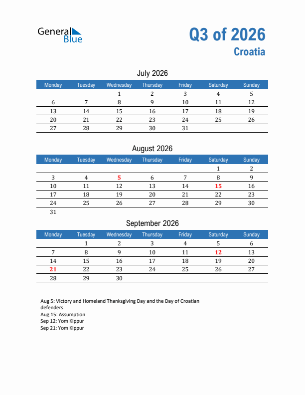 Croatia 2026 Quarterly Calendar with Monday Start