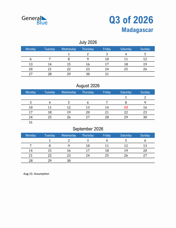 Madagascar 2026 Quarterly Calendar with Monday Start