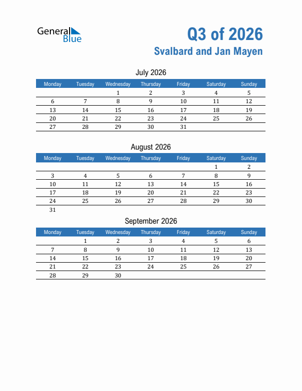 Svalbard and Jan Mayen 2026 Quarterly Calendar with Monday Start