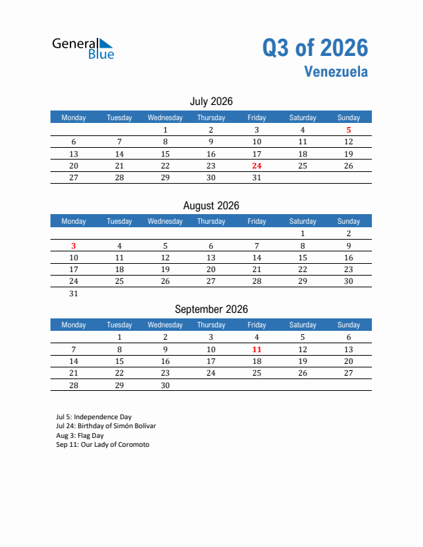 Venezuela 2026 Quarterly Calendar with Monday Start