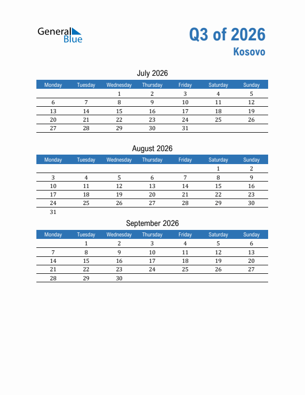 Kosovo 2026 Quarterly Calendar with Monday Start