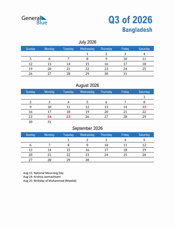 Bangladesh 2026 Quarterly Calendar with Sunday Start