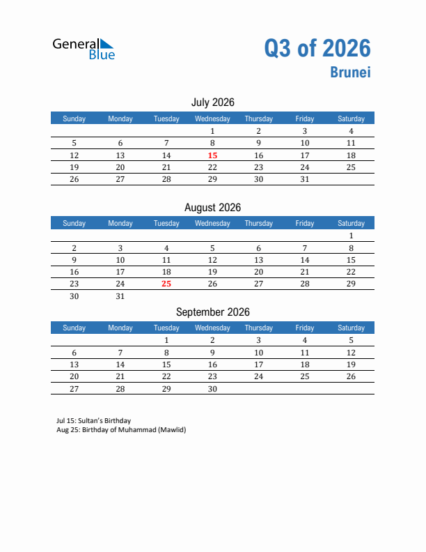 Brunei 2026 Quarterly Calendar with Sunday Start