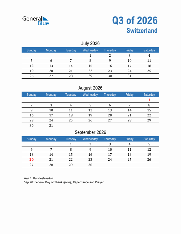 Switzerland 2026 Quarterly Calendar with Sunday Start