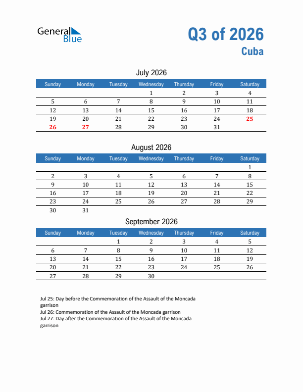 Cuba 2026 Quarterly Calendar with Sunday Start