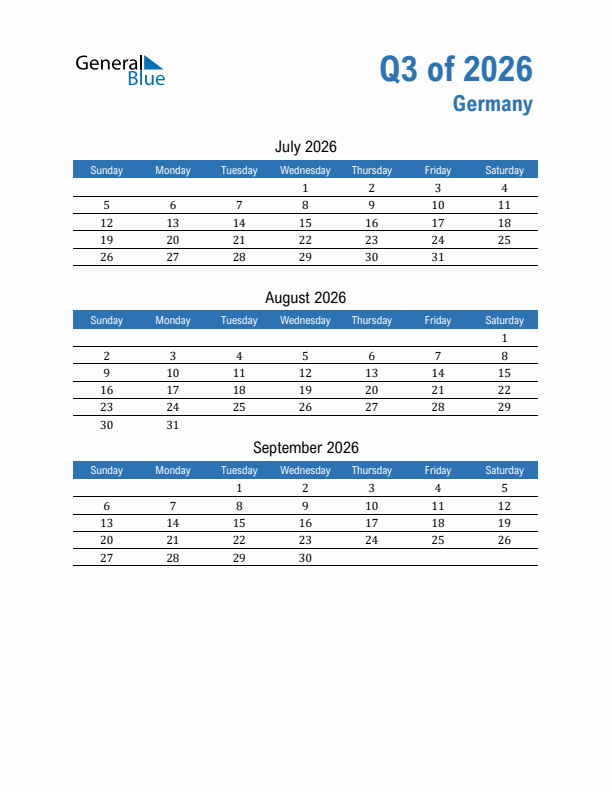 Germany 2026 Quarterly Calendar with Sunday Start