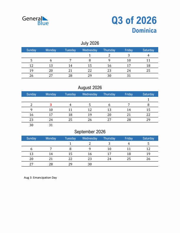 Dominica 2026 Quarterly Calendar with Sunday Start