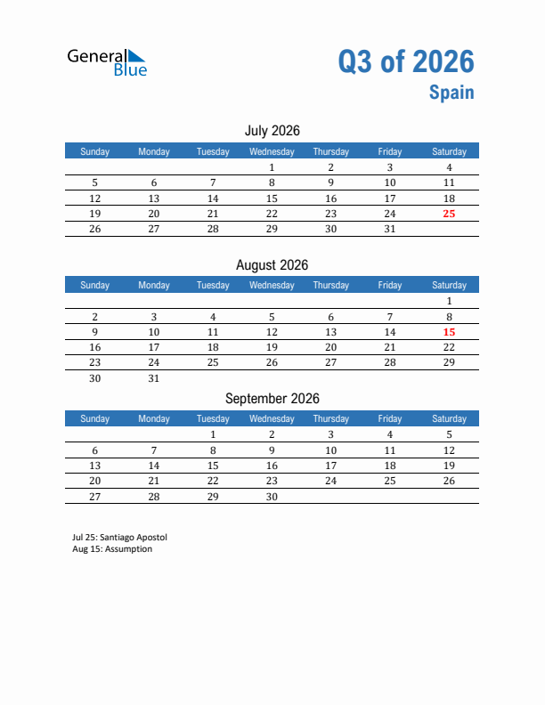 Spain 2026 Quarterly Calendar with Sunday Start