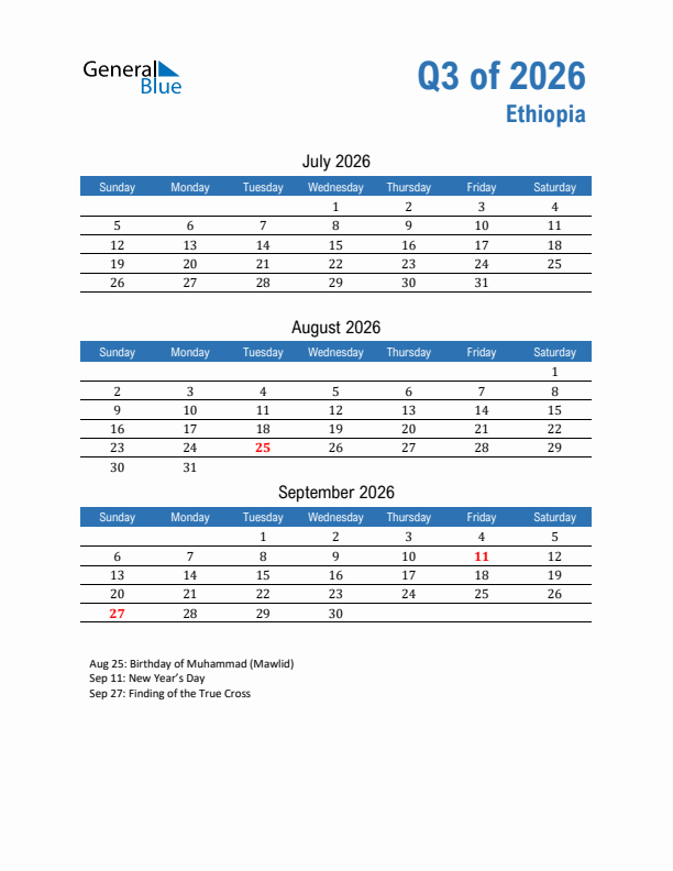Ethiopia 2026 Quarterly Calendar with Sunday Start