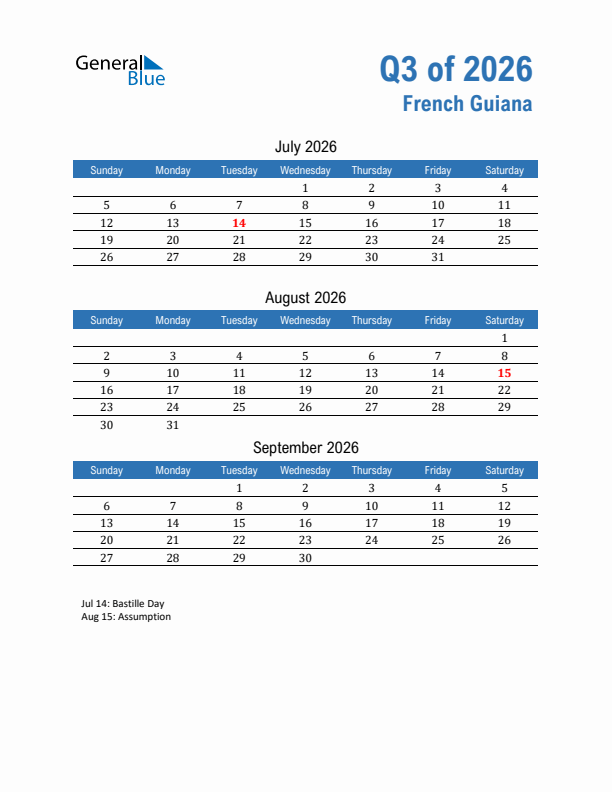 French Guiana 2026 Quarterly Calendar with Sunday Start
