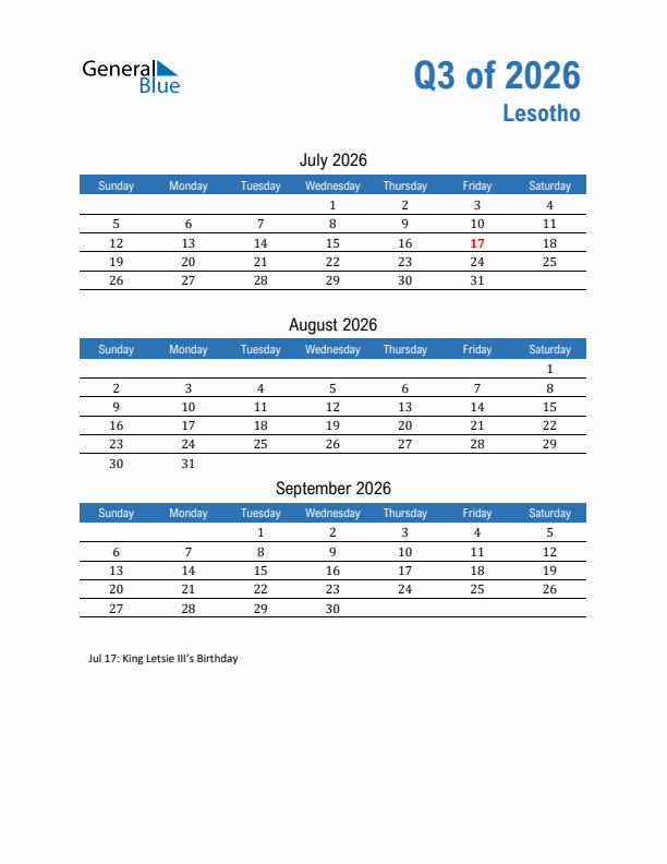 Lesotho 2026 Quarterly Calendar with Sunday Start