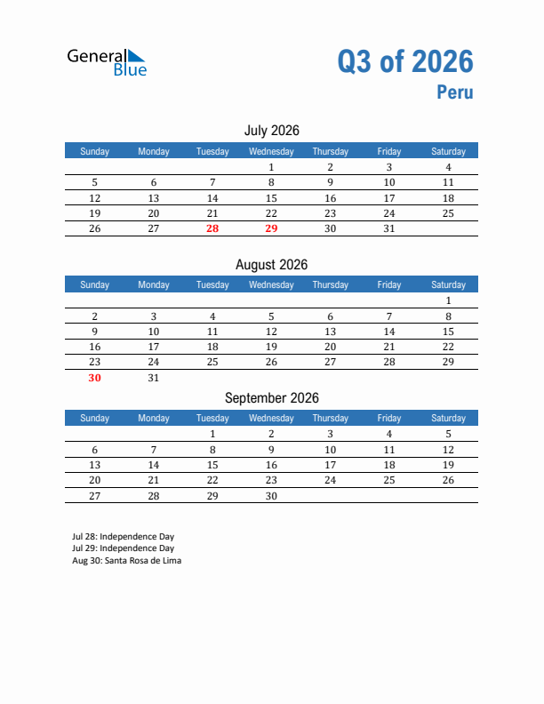 Peru 2026 Quarterly Calendar with Sunday Start