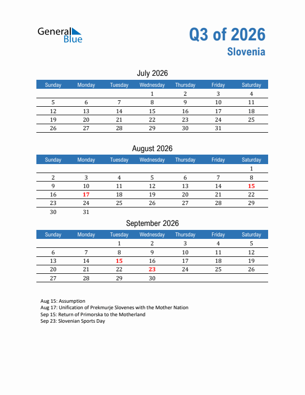 Slovenia 2026 Quarterly Calendar with Sunday Start