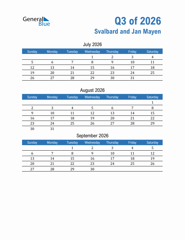 Svalbard and Jan Mayen 2026 Quarterly Calendar with Sunday Start