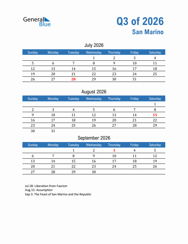 San Marino 2026 Quarterly Calendar with Sunday Start