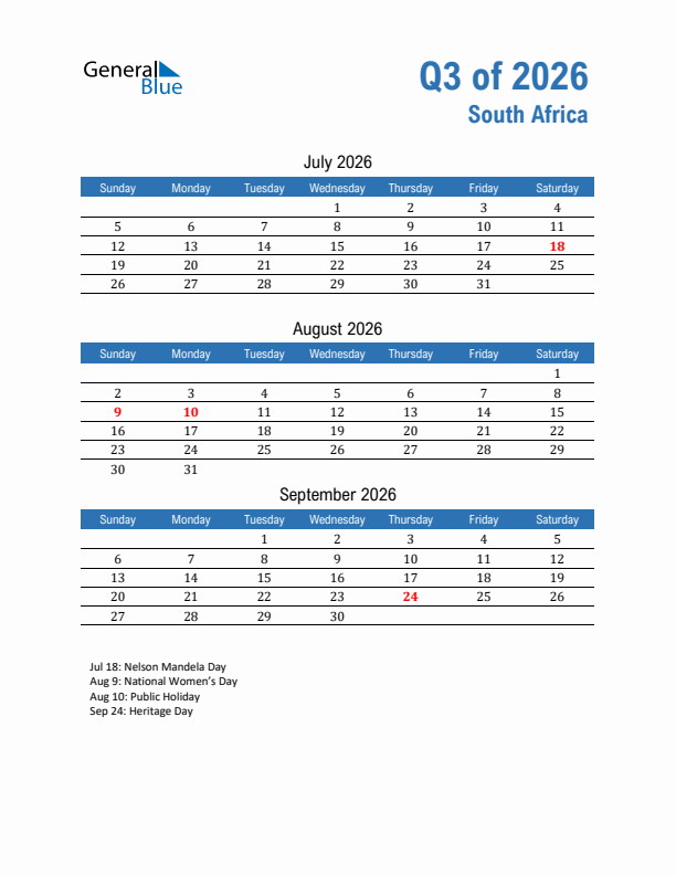 South Africa 2026 Quarterly Calendar with Sunday Start
