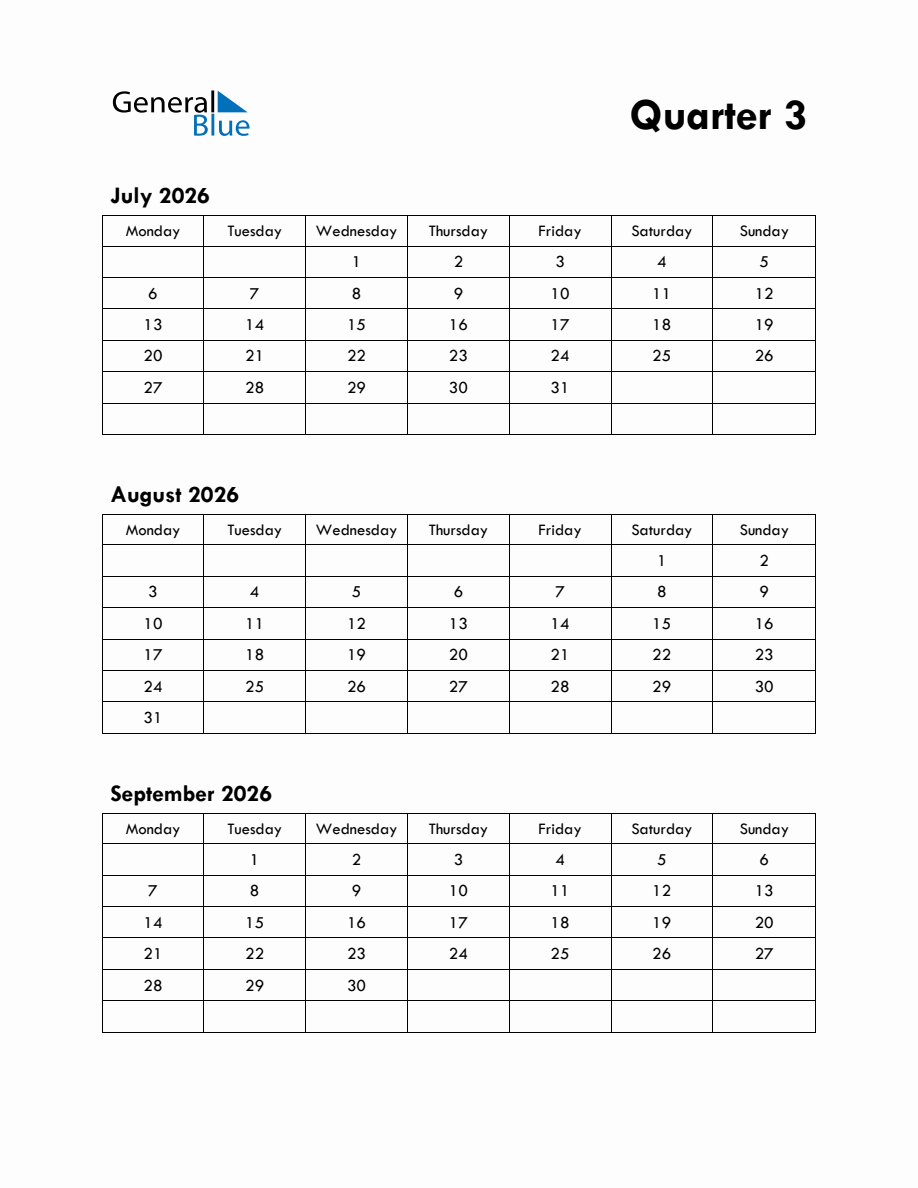 Quarter 3 2026 Calendar with Monday Start