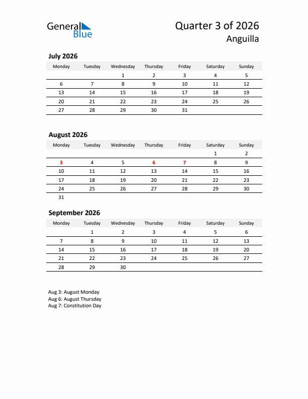 2026 Three-Month Calendar for Anguilla