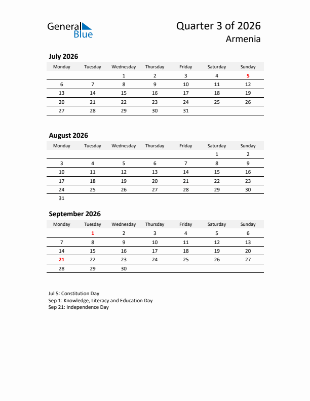 2026 Three-Month Calendar for Armenia