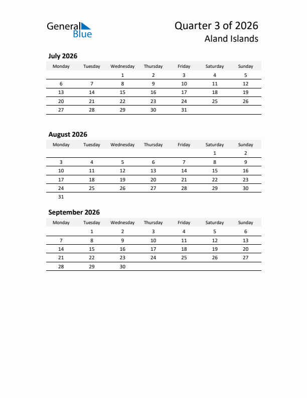 2026 Three-Month Calendar for Aland Islands