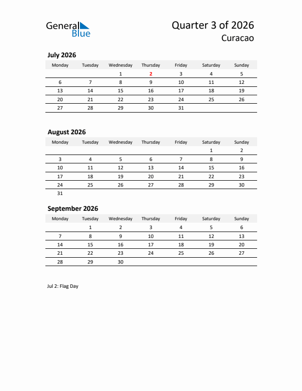 2026 Three-Month Calendar for Curacao