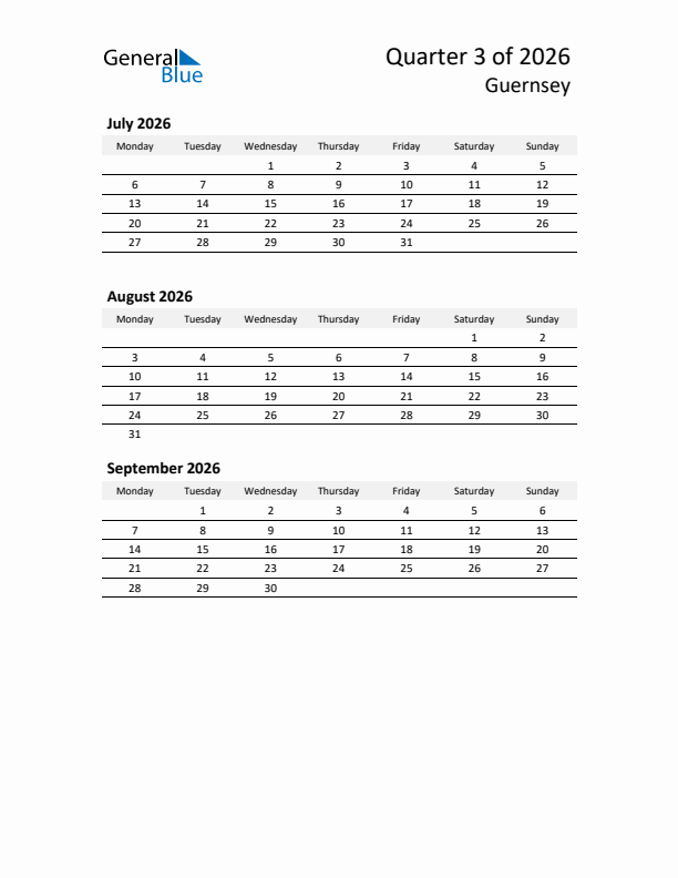 2026 Three-Month Calendar for Guernsey