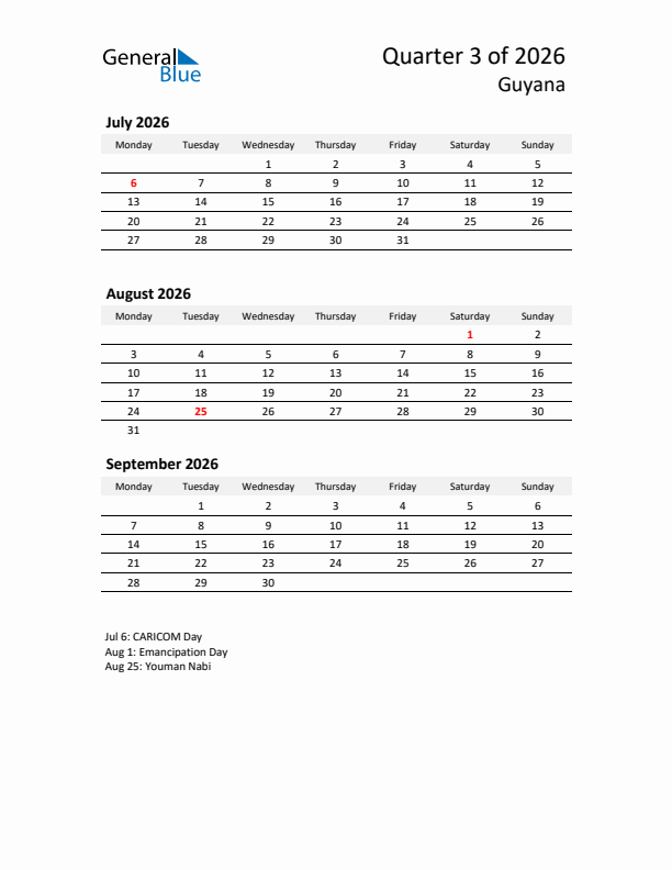 2026 Three-Month Calendar for Guyana