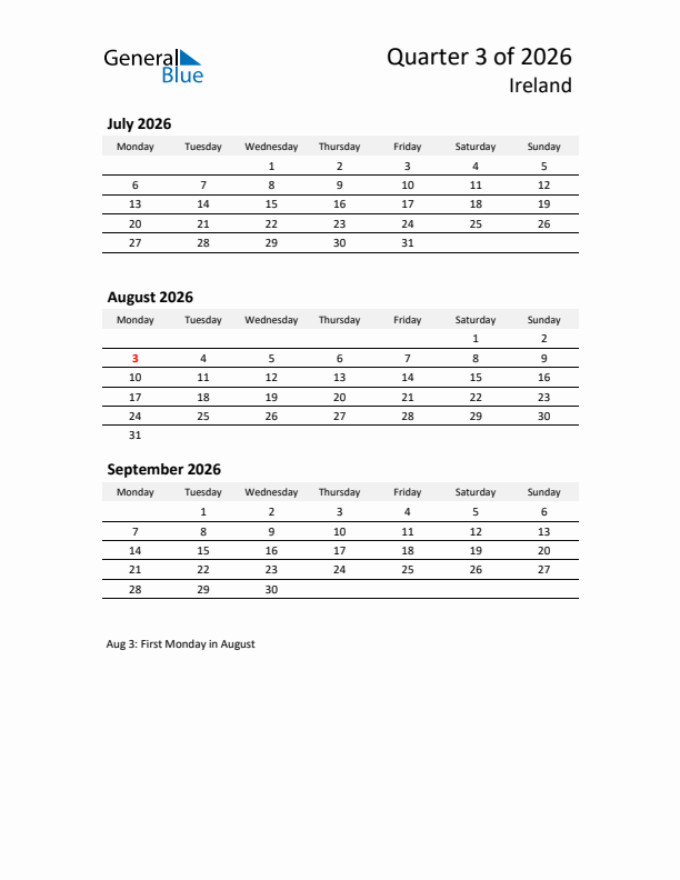 2026 Three-Month Calendar for Ireland