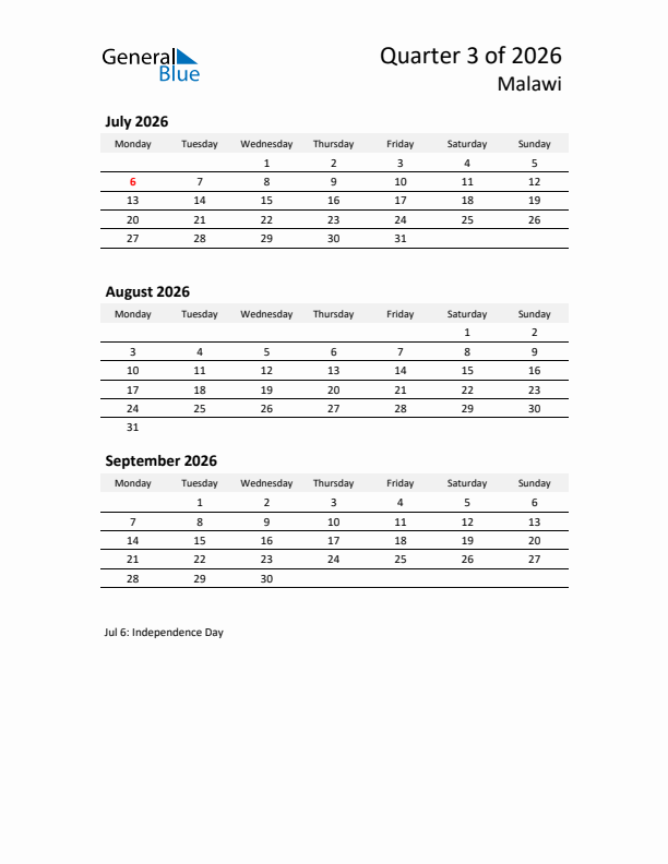 2026 Three-Month Calendar for Malawi