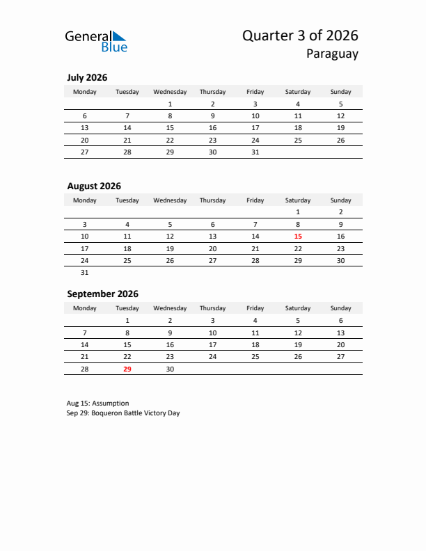 2026 Three-Month Calendar for Paraguay