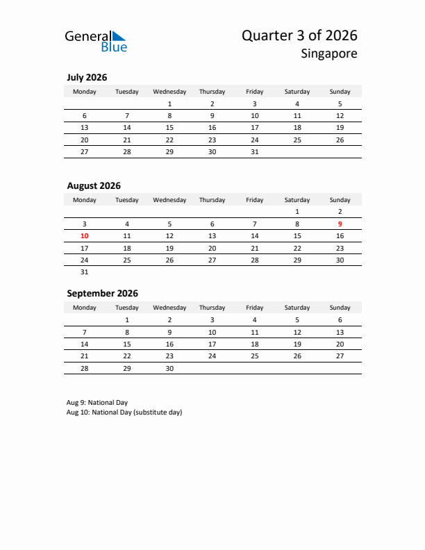 2026 Three-Month Calendar for Singapore