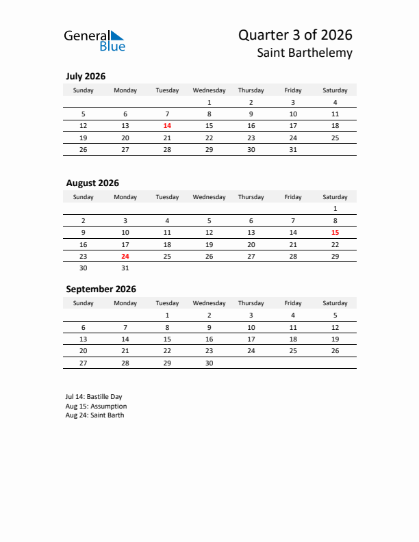2026 Three-Month Calendar for Saint Barthelemy