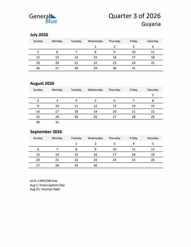2026 Three-Month Calendar for Guyana